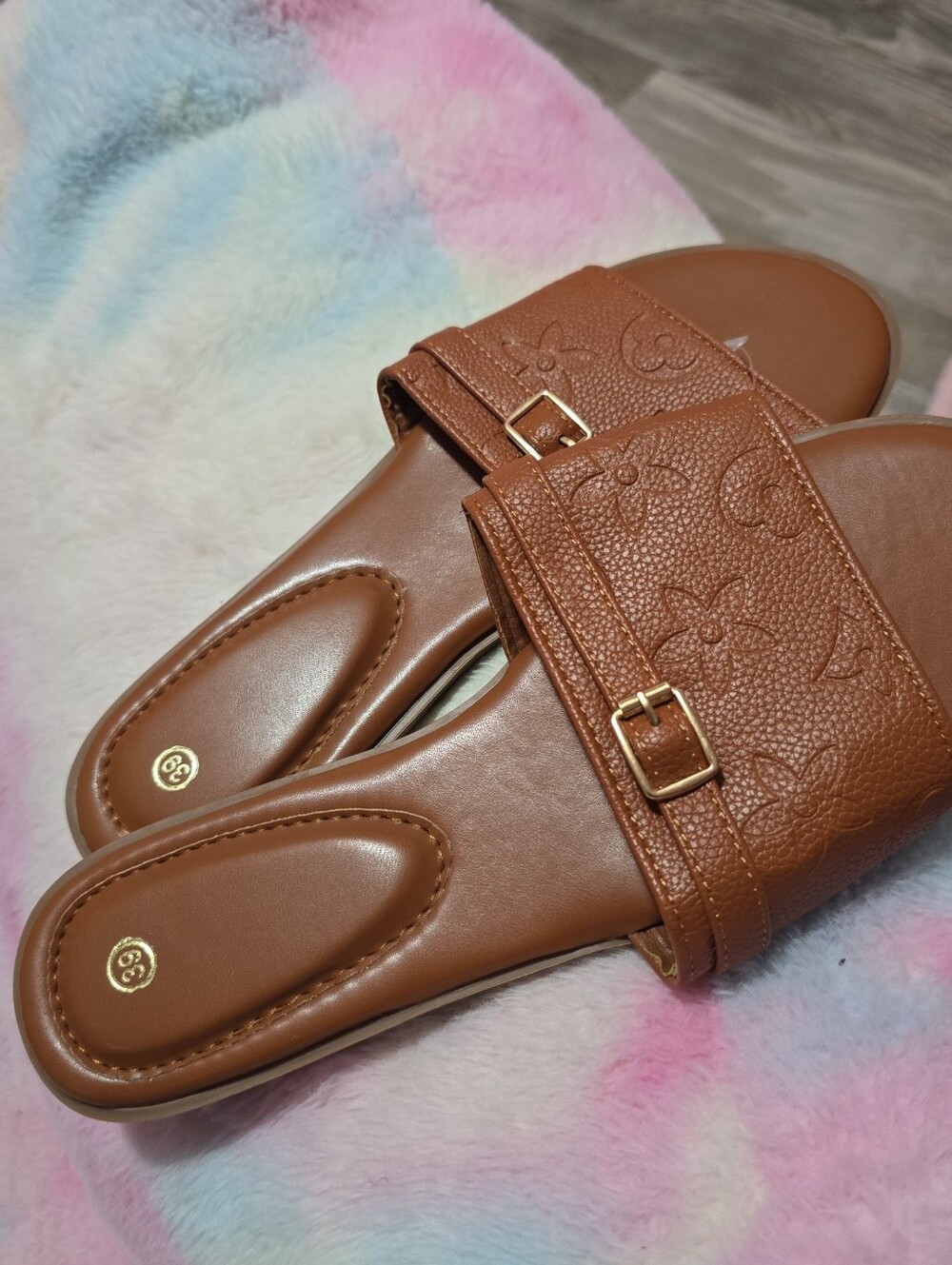 Women's Brown Slide Sandals with Embossed Strap